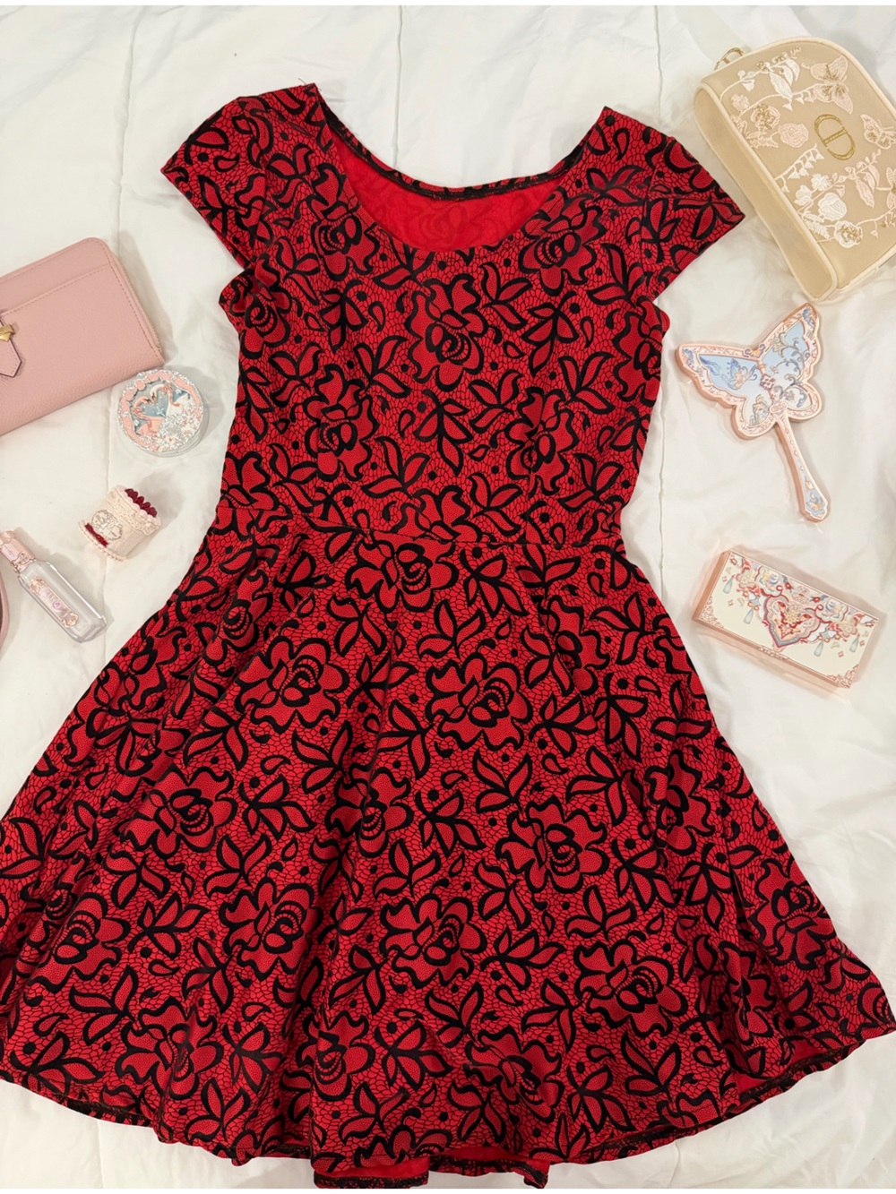 Red Floral Fit-and-Flare/Skater Dress with Black Velvety accents